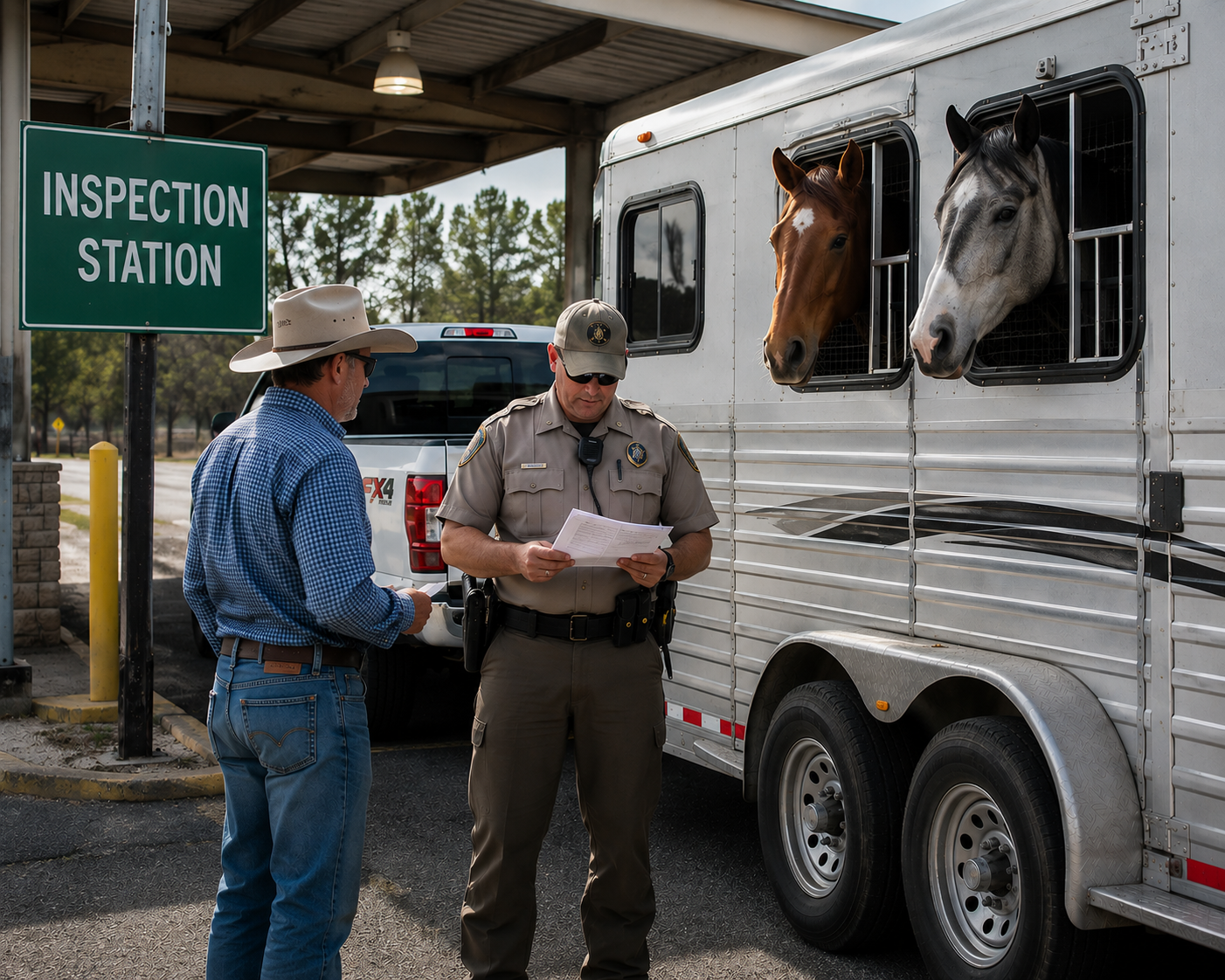Horse trailer inspection station with officer checking paperwork